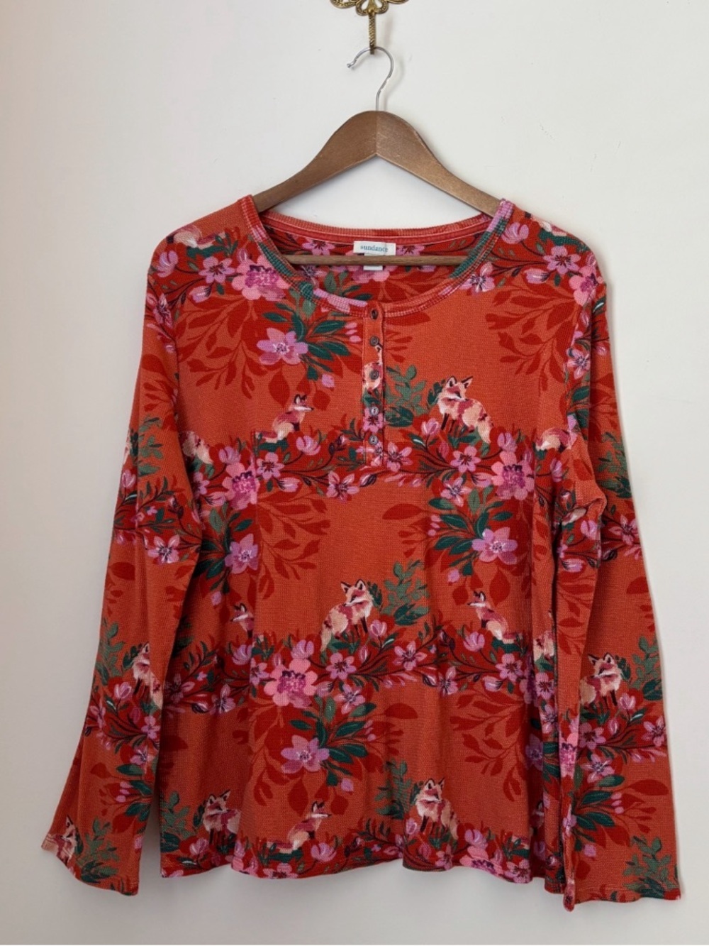 Sundance Fox Floral Henley Thermal Long Sleeve Top XL Autumn Boho